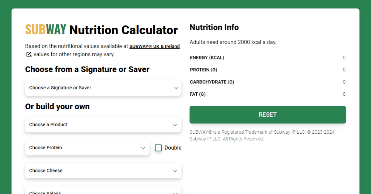 Sub Calc Subway Macros Calculator